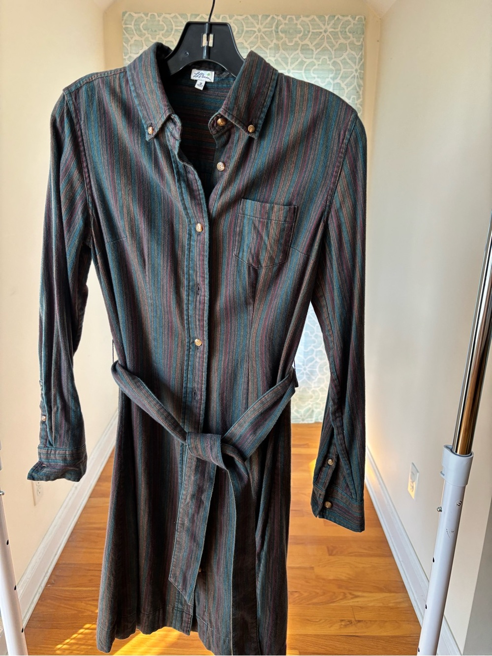 L.L. Bean Long-Sleeve Striped Shirt Dress in Teal and Brown Size 2 Cotton Silk